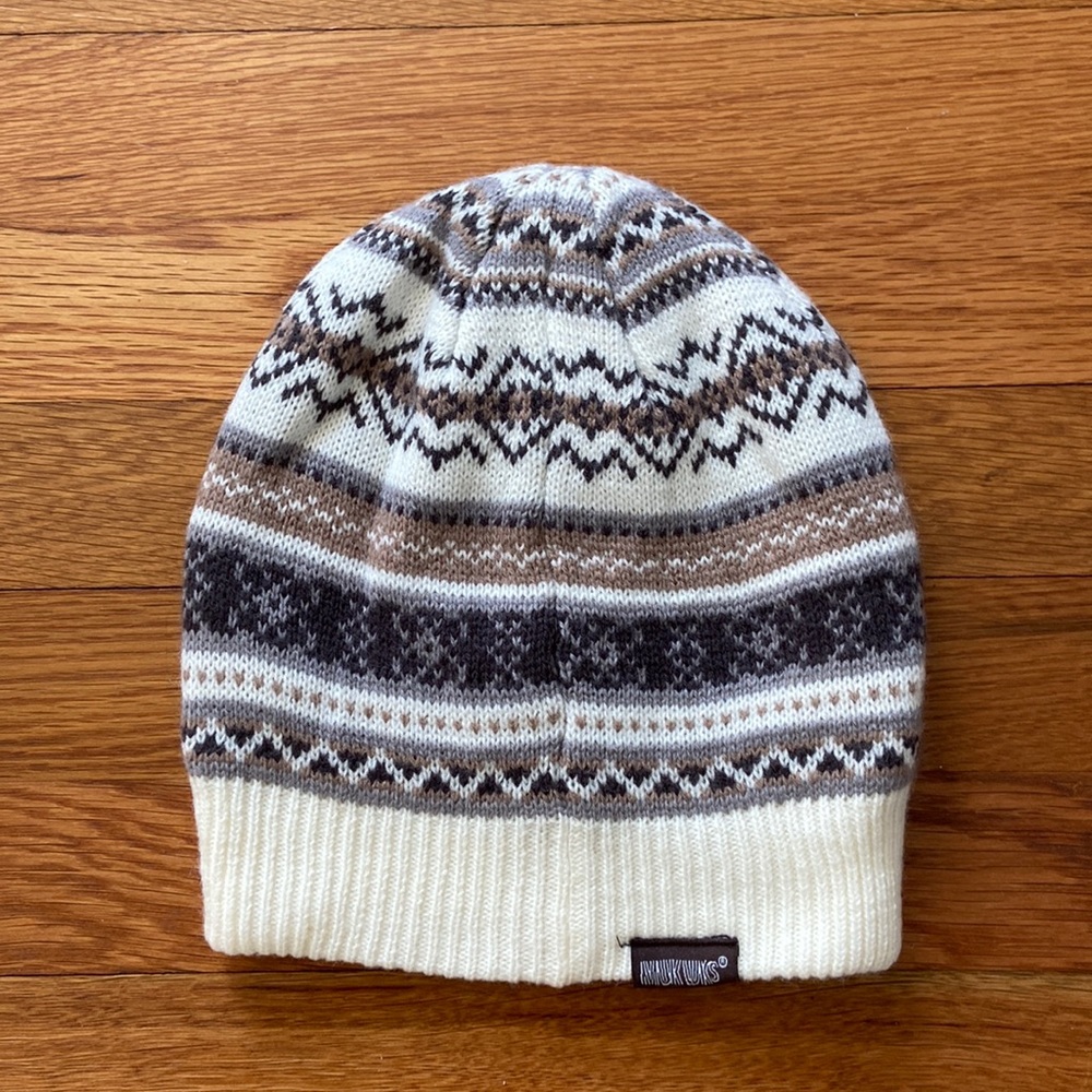 MukLuks Winter Hat with neutral stripes/pattern